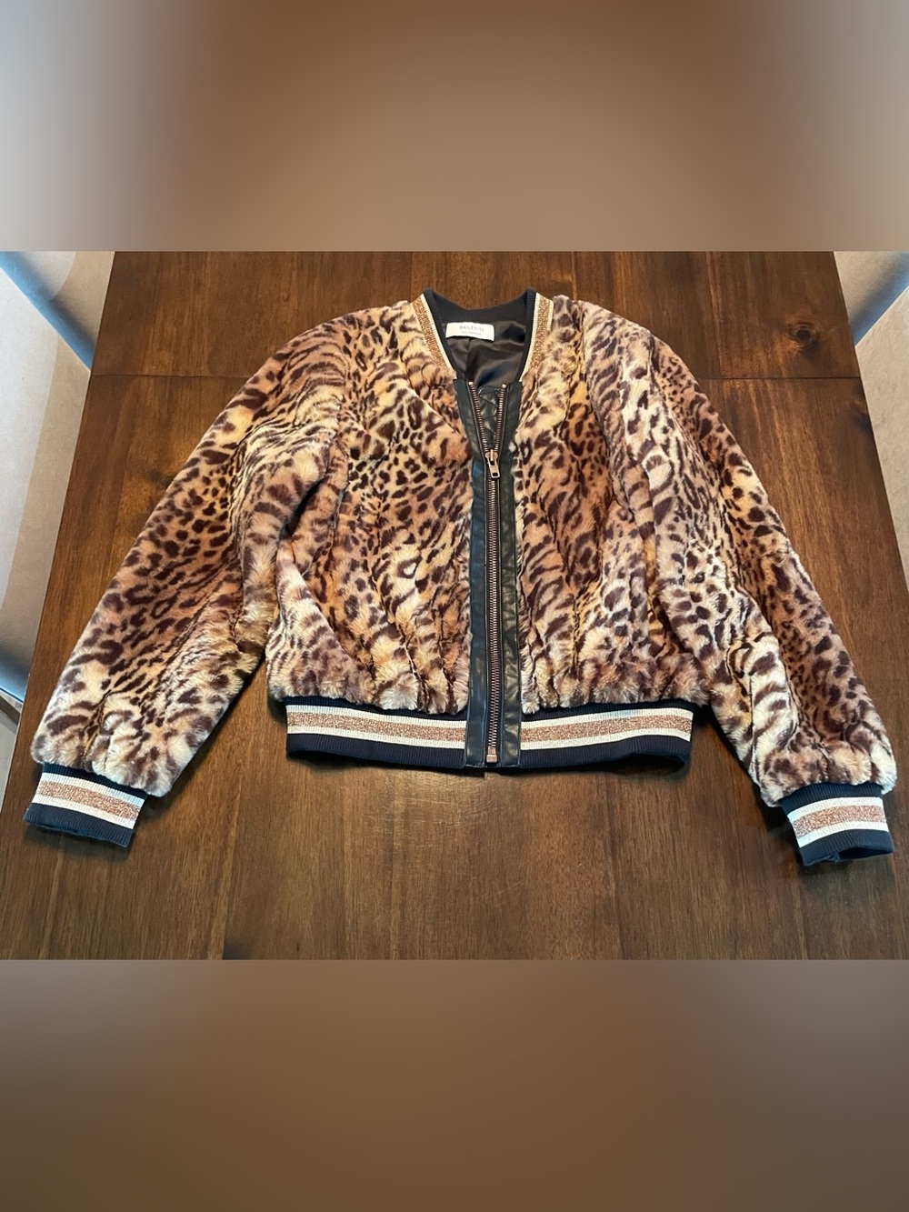 Bailey/44 Women's Leopard Print Faux Fur Bomber Jacket S Full Zip Gold Metallic